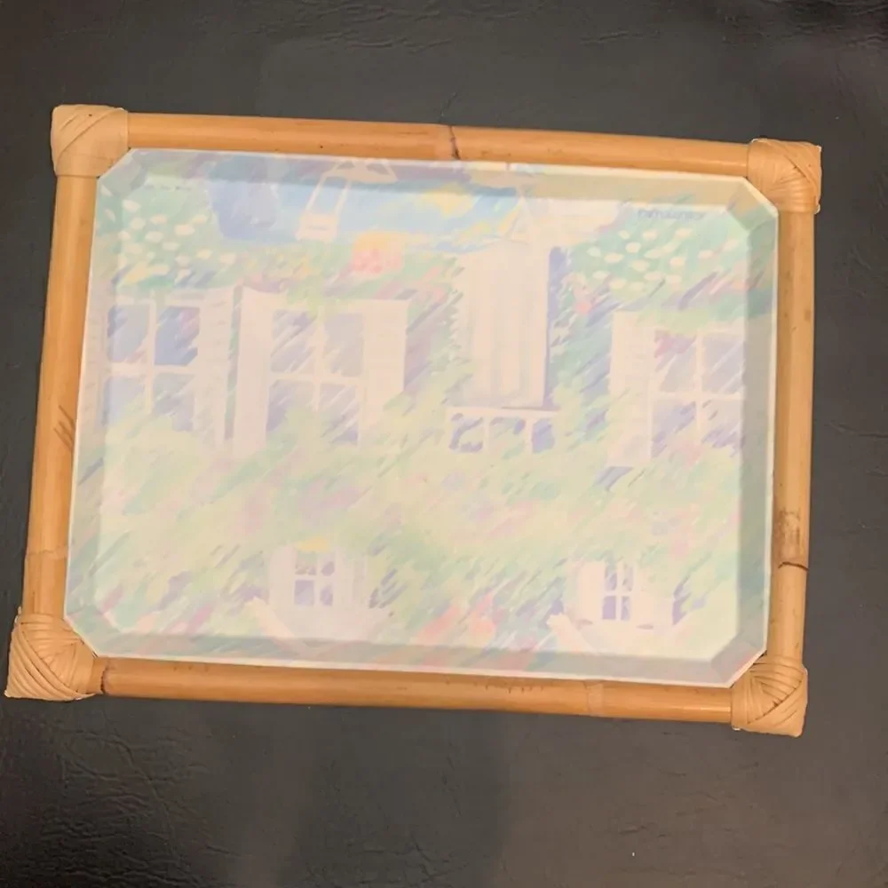Camaxeu Garden Window Summer Scene Blue Green Acrylic Serving Tray Bamboo Edges